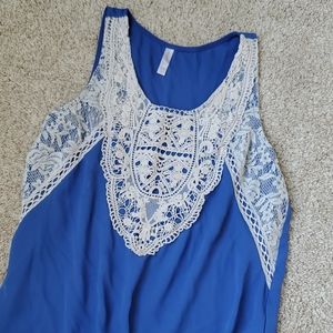 Blue tank with white lace neckline